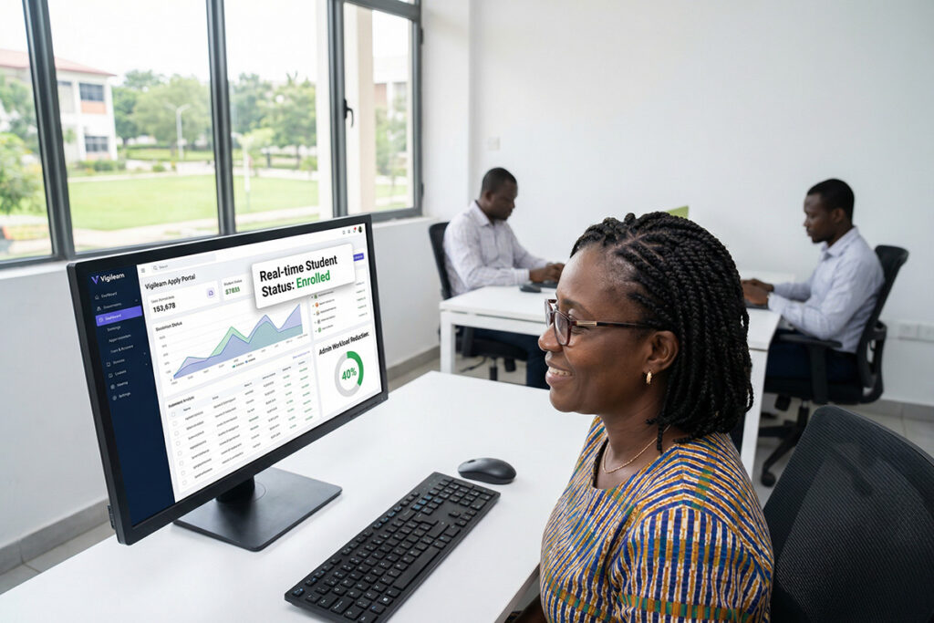 University admin using Vigilearn Apply Portal synced with enrolment system, real-time student status and reduced admin workload visible on screen, calm and controlled operational environment 