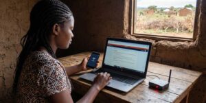 Student studying from a rural home using mobile hotspot with low bandwidth LMS Africa designed as an LMS for low internet areas.