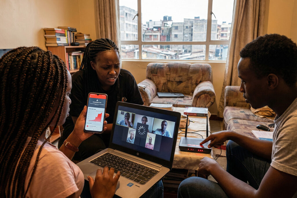 University students experiencing buffering during live session, showing why institutions adopt low bandwidth LMS Africa for reliable access.