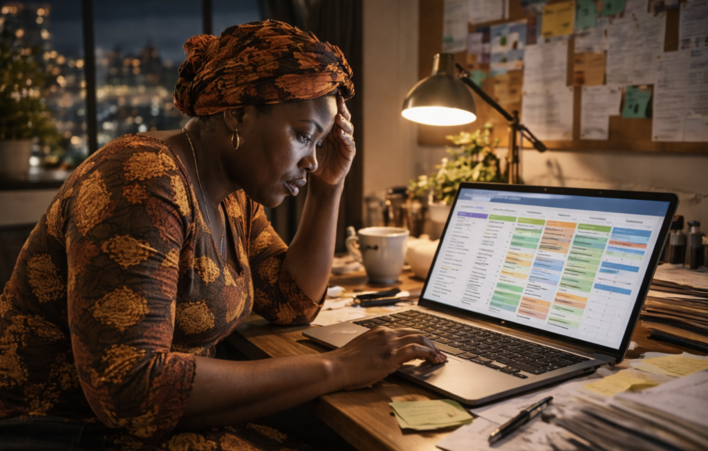 University admissions officer working late at a desk, laptop open with a large spreadsheet tracking applicant names and stages, multiple columns and color codes visible, tired expression, cluttered workspace, clear sense of overload and fragility in spreadsheet-based admissions tracking