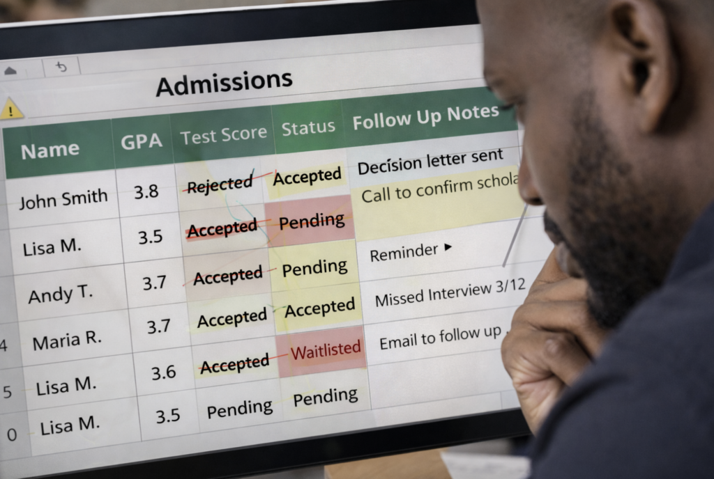 Close-up of an admissions spreadsheet with incorrect status updates, missed follow-up notes, and overwritten cells, staff member reviewing the screen with concern, visual showing how small manual errors create delays and confusion