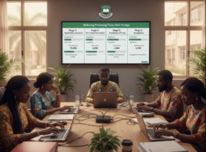 Nigerian university admissions office with staff reviewing applications on laptops, realistic Nigerian administrators in a work setting, digital dashboard showing application stages and timelines, calm but focused environment highlighting efforts to reduce admission processing time