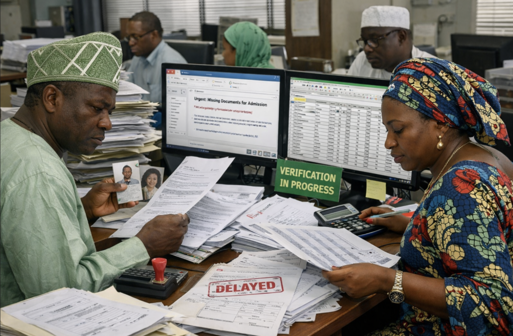 Nigerian admissions officers manually checking printed documents and spreadsheets, emails open on screens, visible delays and workload pressure, realistic office setting showing manual verification and disconnected systems results to longer admission processing time.

