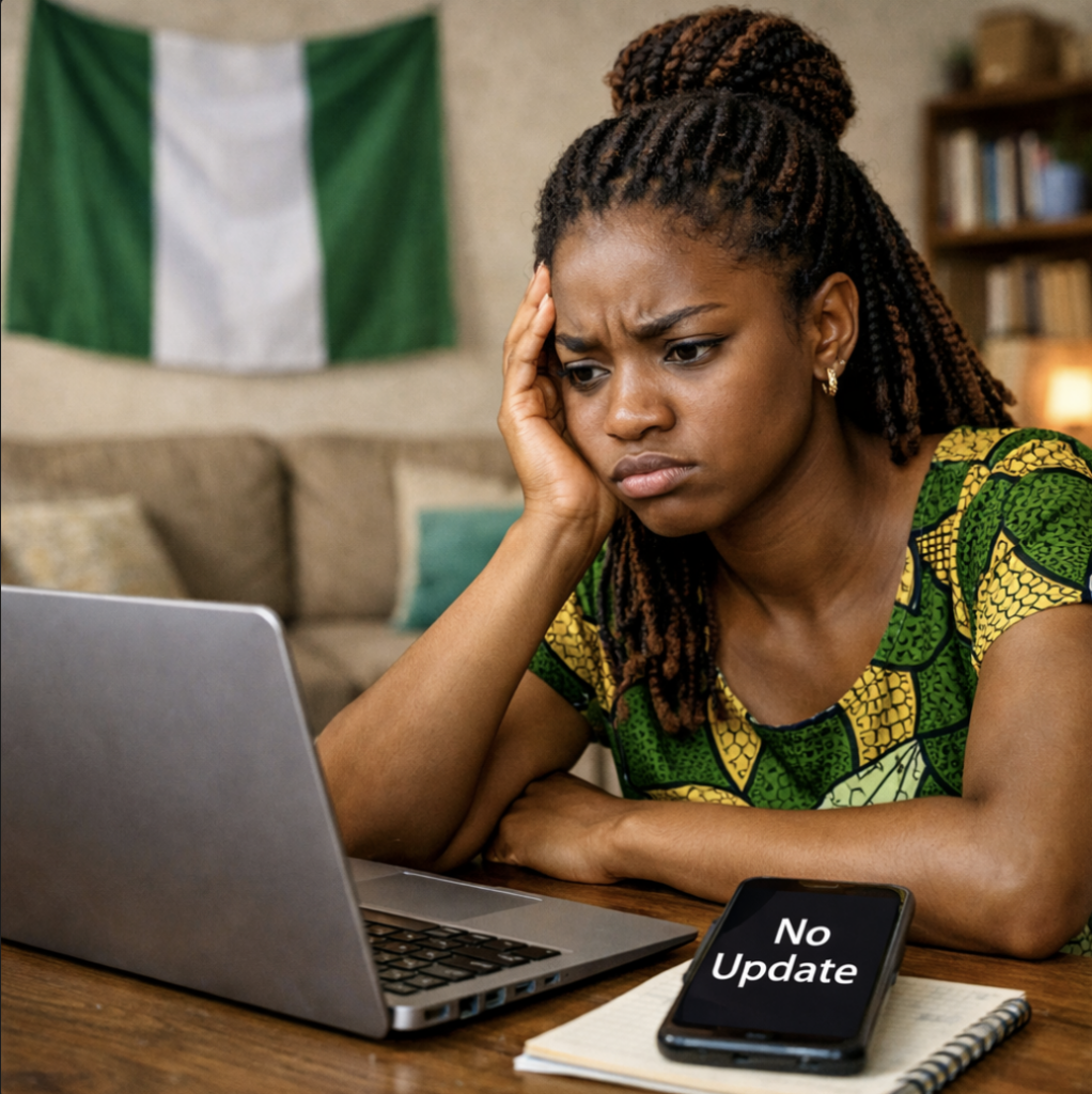 Nigerian student waiting anxiously at home after submitting an application, laptop and phone open with no status update, concerned expression showing frustration caused by long admission processing time