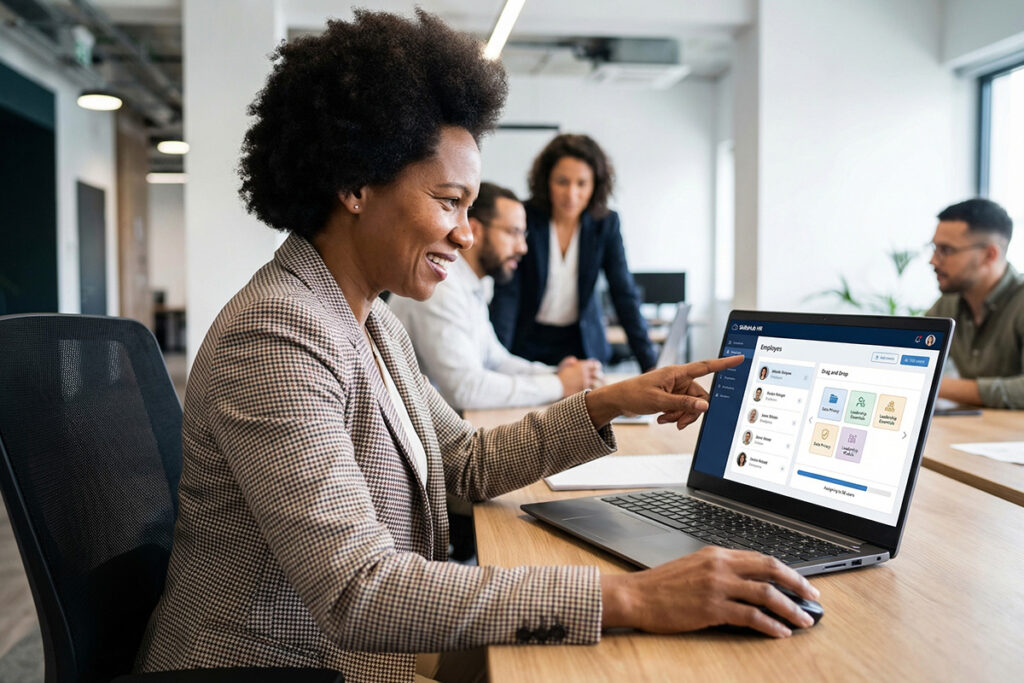 HR manager assigning digital training modules to employees through employee training software interface on laptop