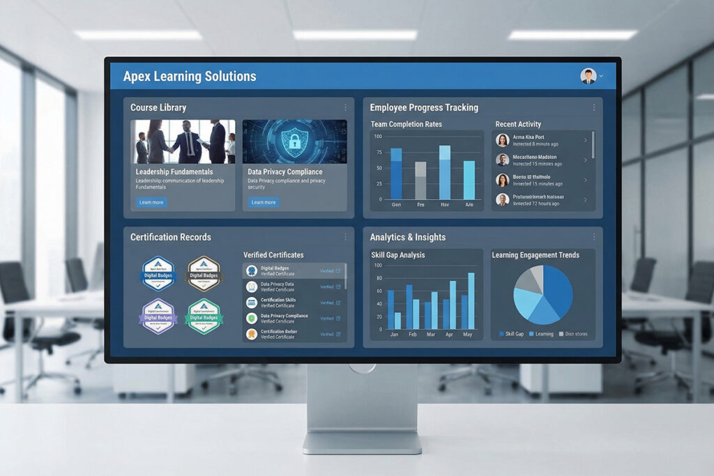 Corporate learning platform dashboard showing course library, employee progress tracking, certification records, and analytics panels