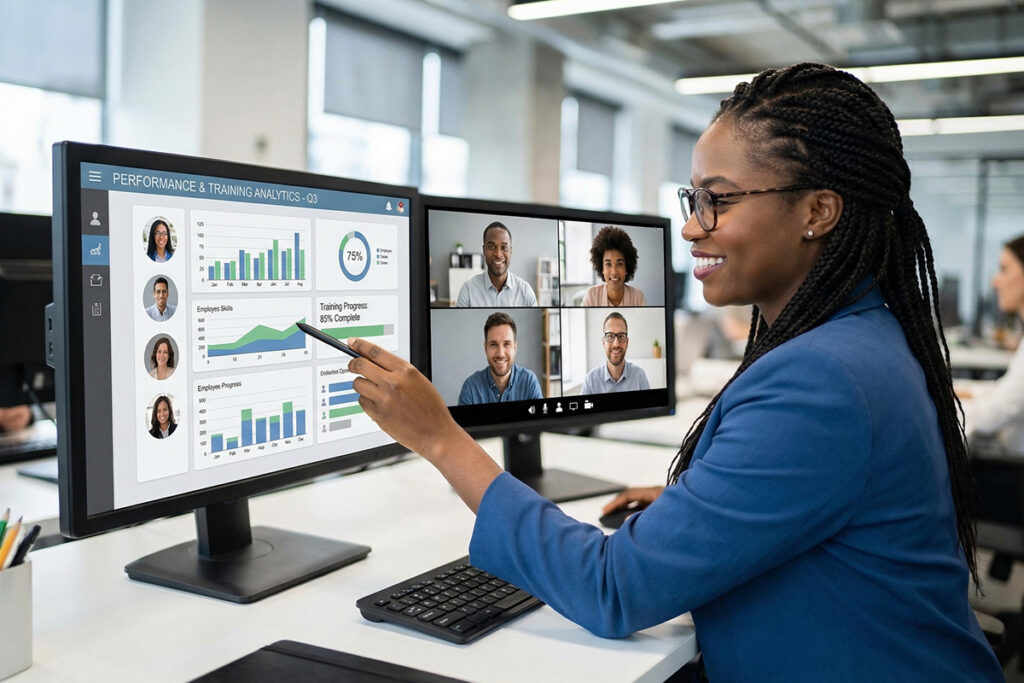 Management team analyzing training completion rates, skill improvement charts, and employee performance reports on screen