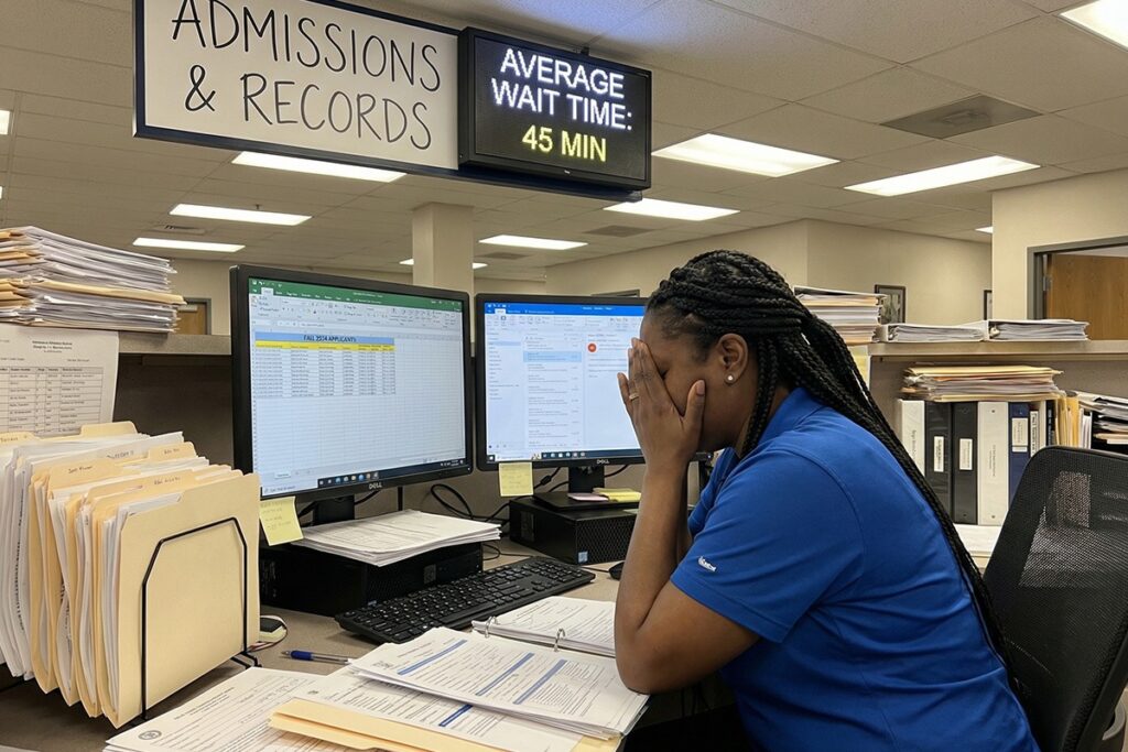 Admissions desk filled with printed forms, spreadsheets open on screen, overflowing email inbox visible, staff member looking overwhelmed, visual contrast to digital efficiency