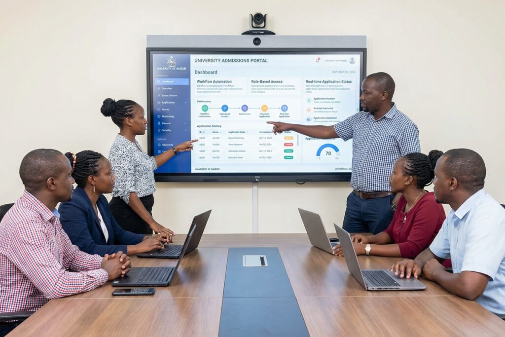 Centralized admission management software dashboard showing workflow automation, role-based access controls, and real-time status tracking, IT and admissions team reviewing together