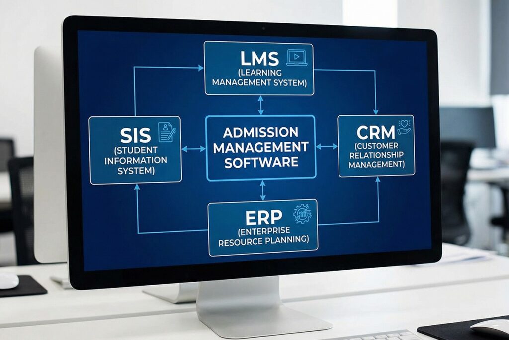 System architecture view displayed on screen showing admission management software connected to SIS, LMS, ERP, and CRM modules, university IT planning discussion