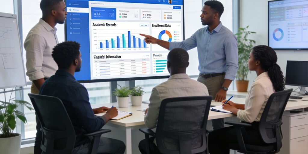University data governance team reviewing a centralized student data management system dashboard, academic records, enrollment data, and financial information visible in one unified interface, secure modern office setting