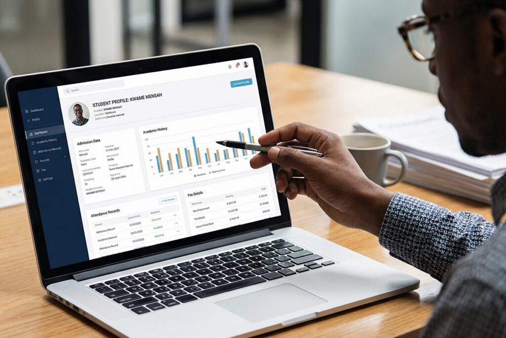 Admissions officer configuring an online admission platform on a laptop, application form builder, document upload section, and eligibility filters visible, realistic institutional setup 