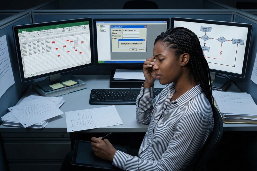 Fragmented spreadsheets and disconnected databases shown across multiple screens, inconsistent student data visible, administrator reconciling mismatched records