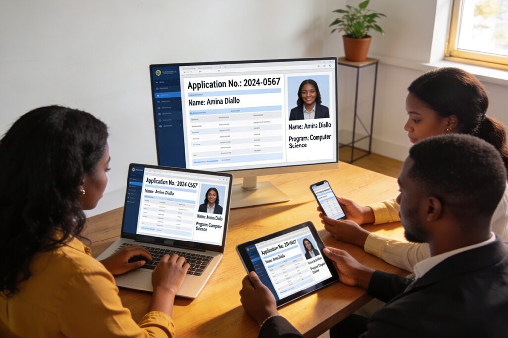Cross-department university team accessing the same student record from different devices, unified data environment showing a single source of truth