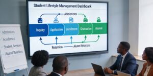 University leadership reviewing a visual student lifecycle management dashboard showing stages from inquiry to alumni, connected workflow across departments, strategic planning meeting environment