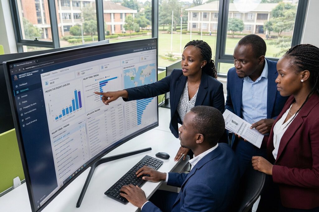 Admissions and marketing team tracking prospective student leads on a centralized dashboard, inquiry forms and application tracking visible on screen 