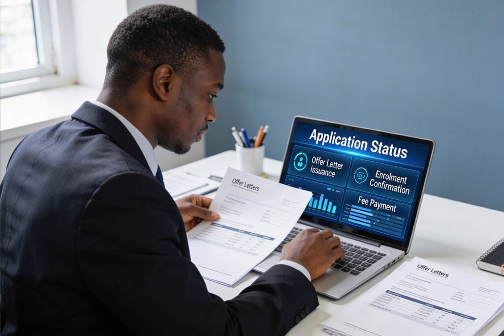 Admissions officer processing applications and issuing offer letters through a digital system, enrollment confirmation and fee payment status visible 