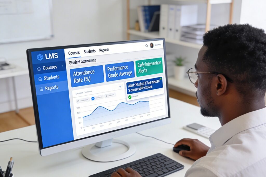 Faculty member reviewing student attendance and performance tracking dashboard, early intervention alerts visible, structured higher education LMS environment 