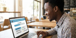 Prospective student submitting application through an online university application portal on laptop, guided step-by-step form visible with progress bar and document upload checklist