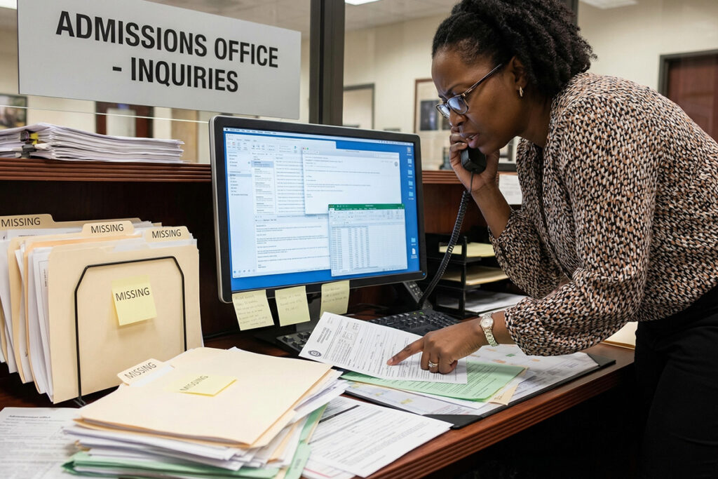 Admissions desk cluttered with incomplete paper forms, missing documents, and email threads open on screen, staff attempting to reconcile inconsistent applicant information