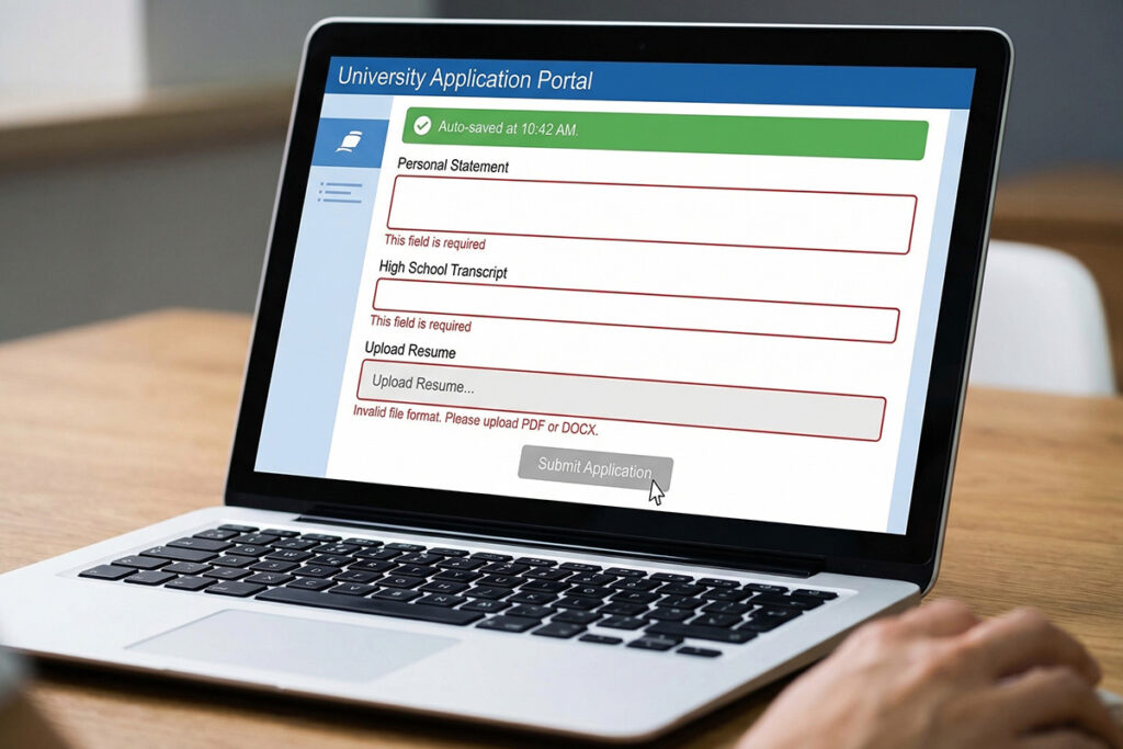 Close-up of structured online university application portal with mandatory field validation alerts, auto-save confirmation, and file format restriction message preventing incorrect submission