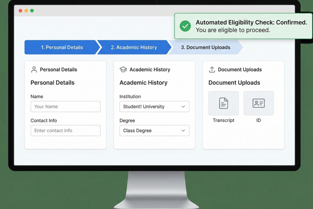 Application interface showing step-by-step guided sections for personal details, academic history, and document uploads, automated eligibility check notification visible