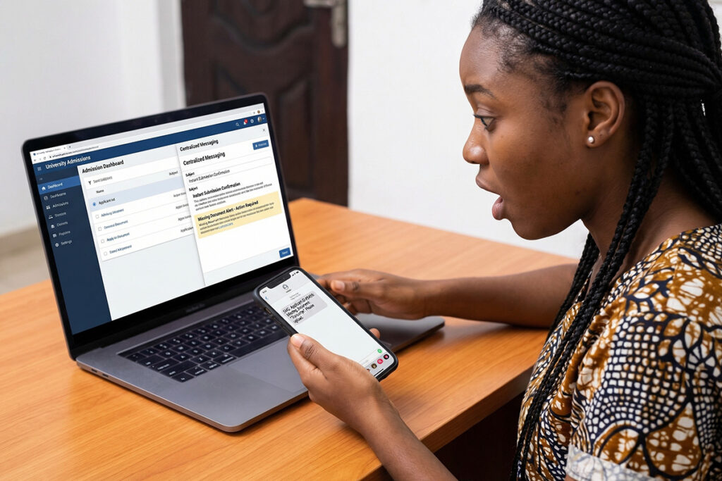 Applicant receiving instant submission confirmation email and SMS notification about missing document, centralized messaging panel visible on admissions dashboard
