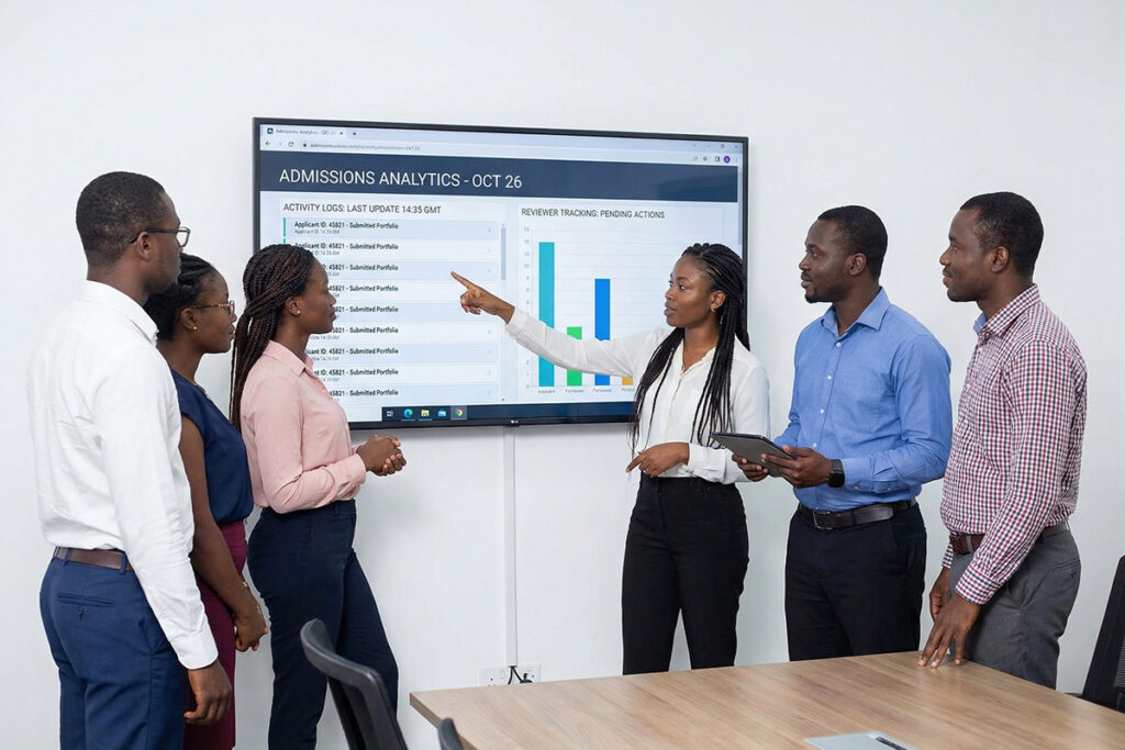 Admissions team reviewing application activity logs and reviewer tracking dashboard on large screen, timestamped updates and action history visible
