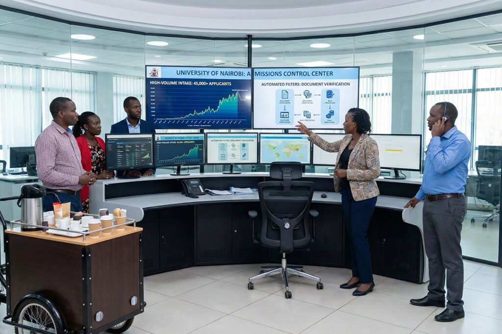 University IT and admissions team monitoring high-volume intake through university application software dashboard, automated application processing filters and bulk document handling visible