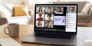 Online class session with students visible on video call grid on laptop screen, teacher presenting lesson with slides and interactive chat messages appearing, modern virtual learning environment showing active virtual classroom engagement