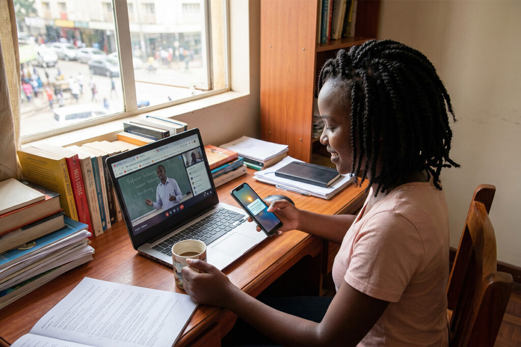 Student attending online lecture while looking distracted by phone notifications and other browser tabs open on laptop, illustrating common virtual classroom engagement challenges
