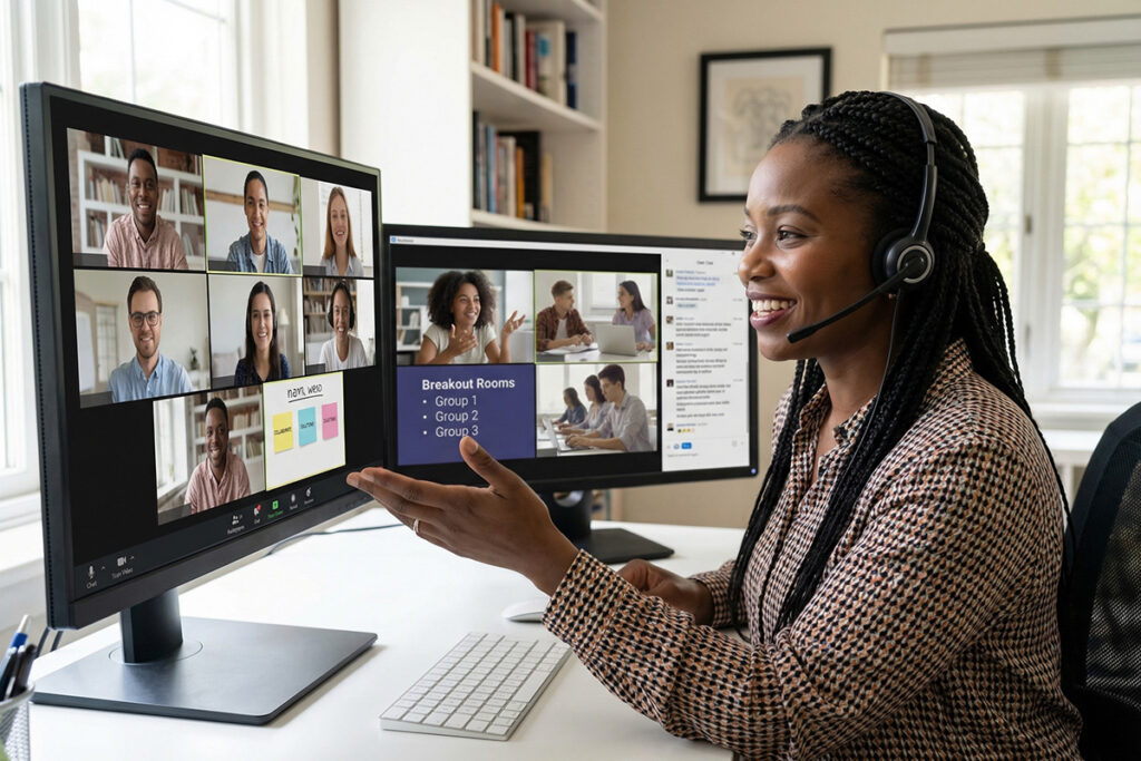 Teacher facilitating live discussion during online class using breakout rooms and student participation features, students actively speaking and collaborating in small groups