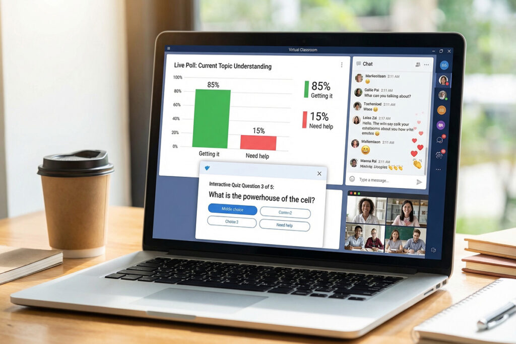 Laptop screen displaying virtual classroom tools including live poll results, chat reactions, and interactive quiz questions during an online lesson