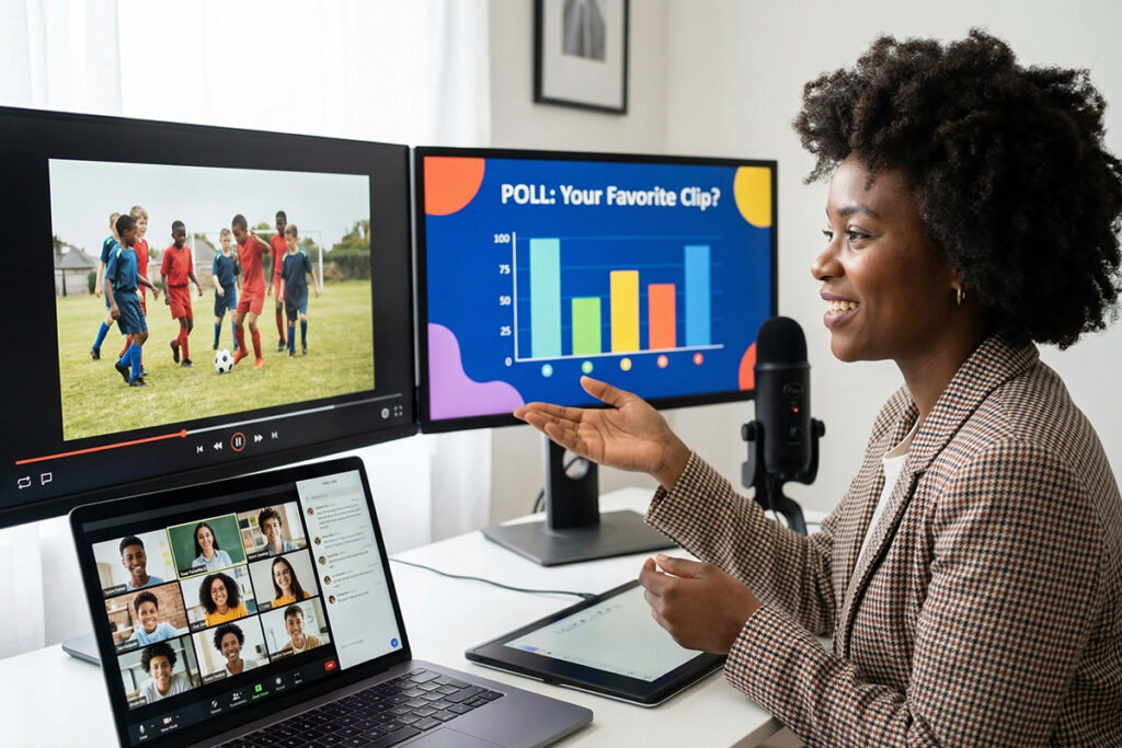 Instructor presenting multimedia lesson with video clips, graphics, and short interactive activities to maintain online classroom engagement