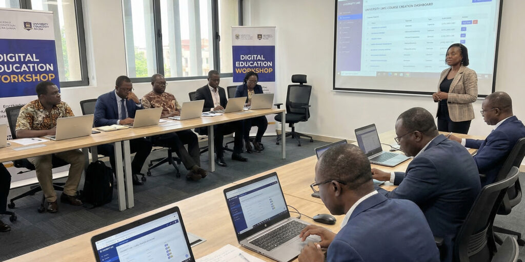 University faculty attending a digital training session, instructor demonstrating LMS platform on a large screen, teachers using laptops to learn course creation tools, modern training room environment. faculty training for online teaching