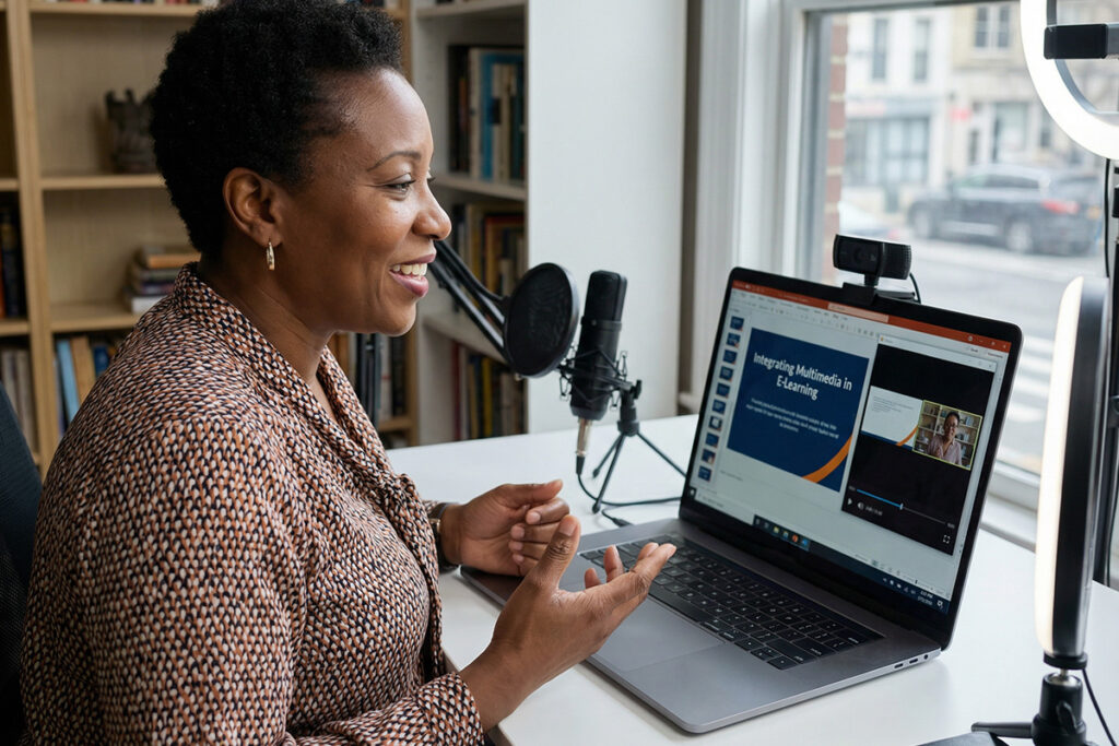 Instructor recording an online lecture using laptop and presentation slides, multimedia content visible, demonstrating digital teaching skills faculty training for online teaching