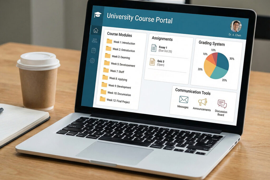 LMS dashboard displayed on laptop showing course modules, assignments, grading system, and communication tools used by instructors