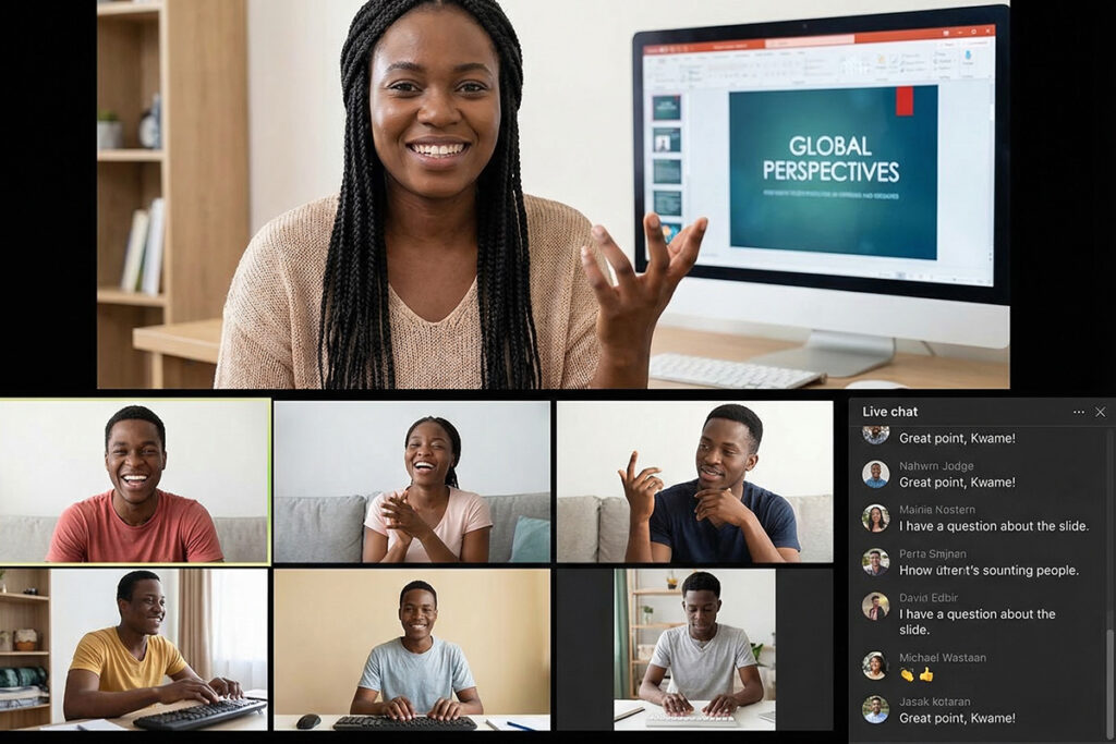 Engaged virtual classroom session with students actively participating in chat and discussion, instructor confidently leading online class