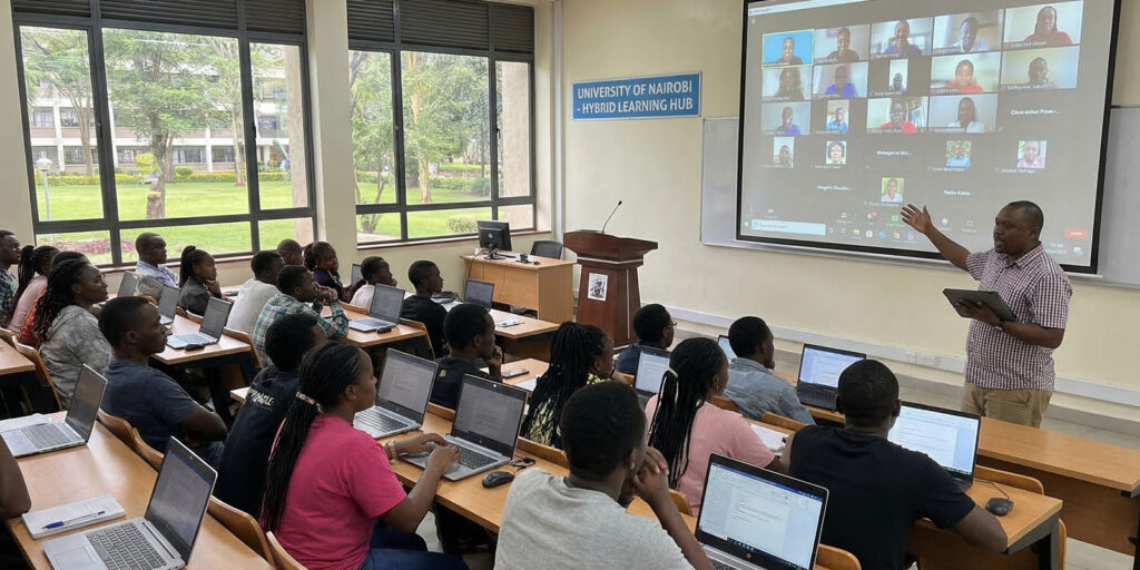 University classroom where some students are physically present while others join remotely on large screen via video call, instructor teaching both groups simultaneously, hybrid learning environment