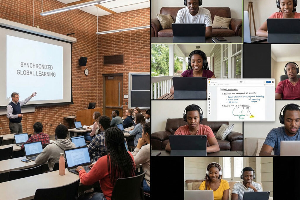 Split classroom setup showing in-person lecture combined with students attending online from home, synchronized teaching environment hybrid learning in universities