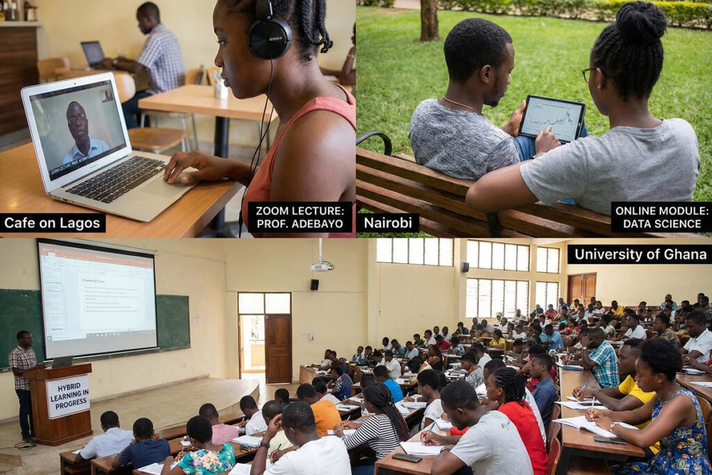 Students accessing lectures on laptops and tablets from different locations while campus classroom continues, flexible learning environment showing hybrid learning in universities