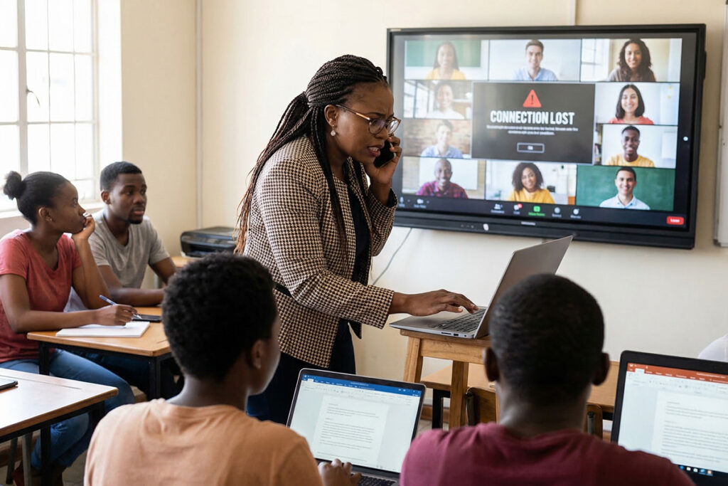 Instructor managing both in-person and online students while dealing with technical issues on screen, divided attention visible