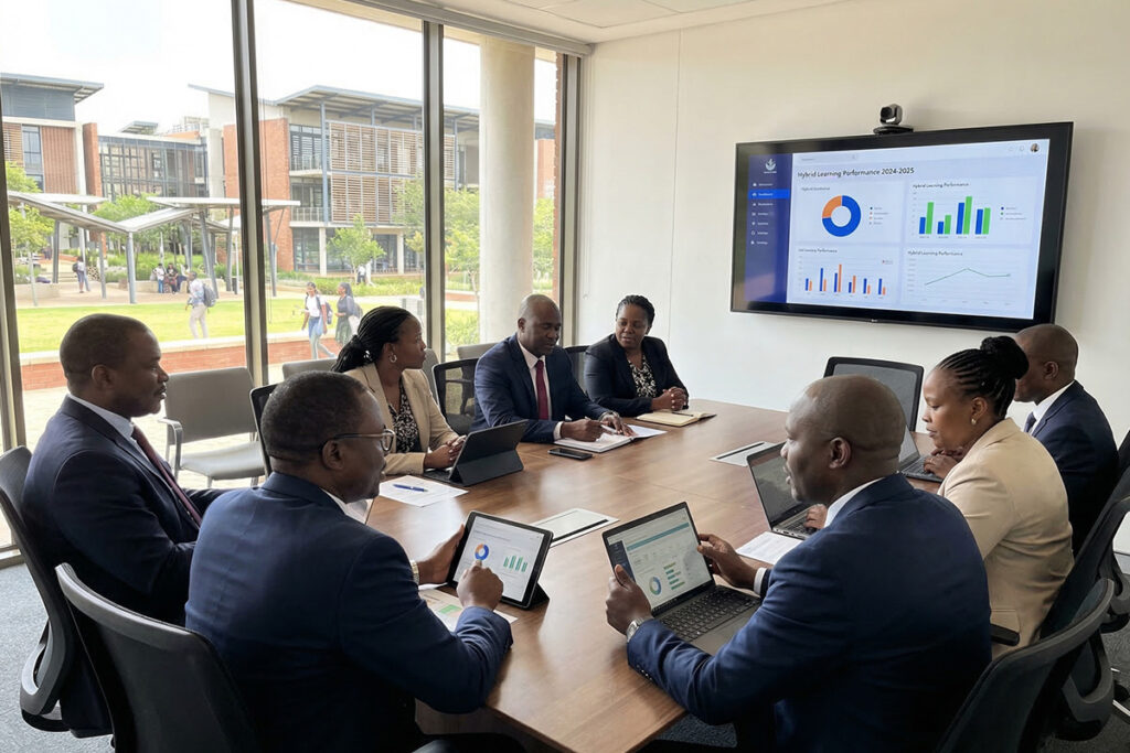 University leadership team reviewing hybrid learning plans and performance metrics on dashboards, strategic planning meeting