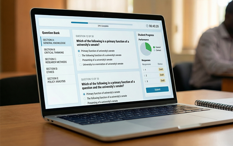 assessment management system interface with question bank, student progress tracking, and online test submission features