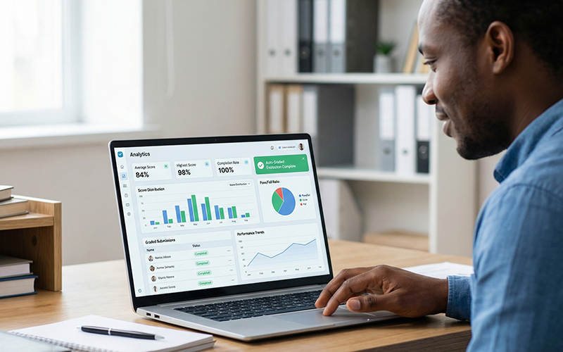 assessment management system dashboard showing student performance analytics, grading insights, and evaluation reports