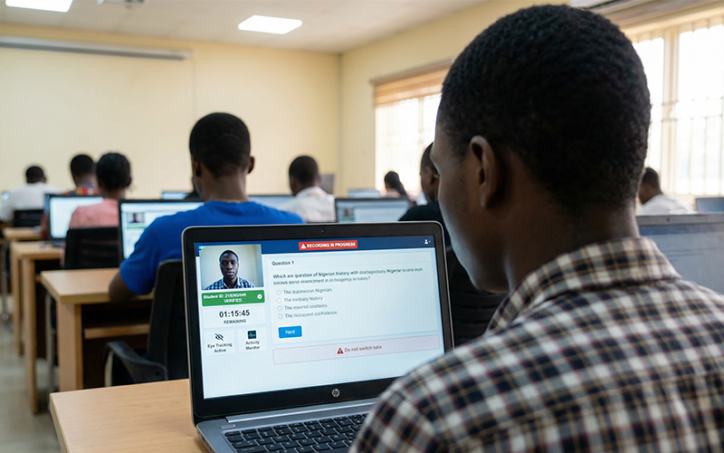 assessment management system used by university students during online exam in computer lab with proctoring interface