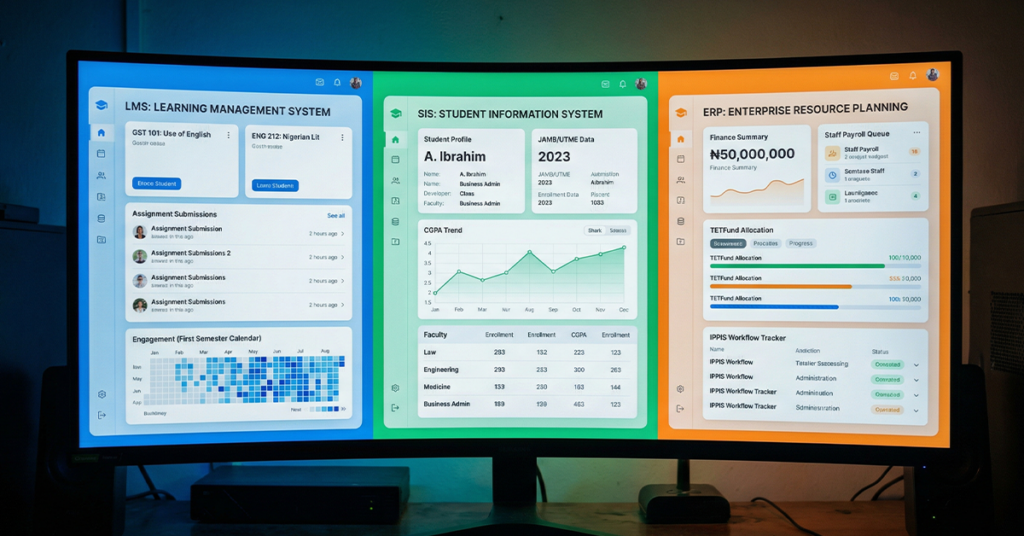 Modern university operations dashboard split into three sections on a large screen: left panel showing LMS interface with course modules, assignments, and student engagement tools; center panel showing SIS interface with student records, enrollment data, and academic history; right panel showing ERP interface with finance reports, payroll, and administrative operations;