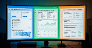 Modern university operations dashboard split into three sections on a large screen: left panel showing LMS interface with course modules, assignments, and student engagement tools; center panel showing SIS interface with student records, enrollment data, and academic history; right panel showing ERP interface with finance reports, payroll, and administrative operations;