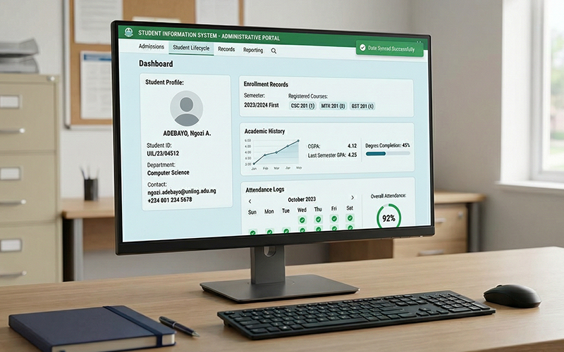 Administrative staff working on desktop showing structured student information system interface: student profiles, enrollment records, academic history, attendance logs; organized dashboard with tabs for admissions, student lifecycle, and reporting, university admin office setting