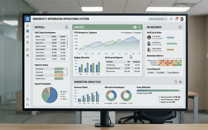 Finance or operations team reviewing ERP dashboard on large monitor: financial reports, payroll data, budgeting charts, HR records; corporate-style office within university, focus on back-office operations and institutional planning